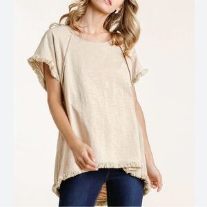 UMGEE Boho Beach Casual Cotton Grey Space Dye Ecru Fringe Hi-Lo Short SLV Top M